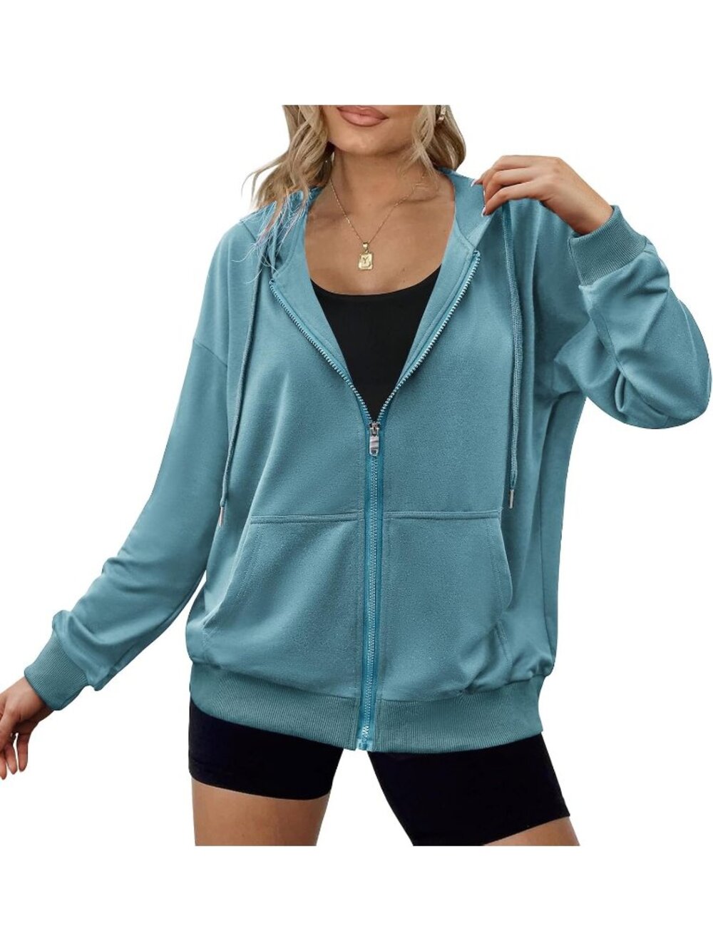 Women Grey Blue Long Sleeve Zip Up Oversized Sweatshirt Pockets Zipper Jackets